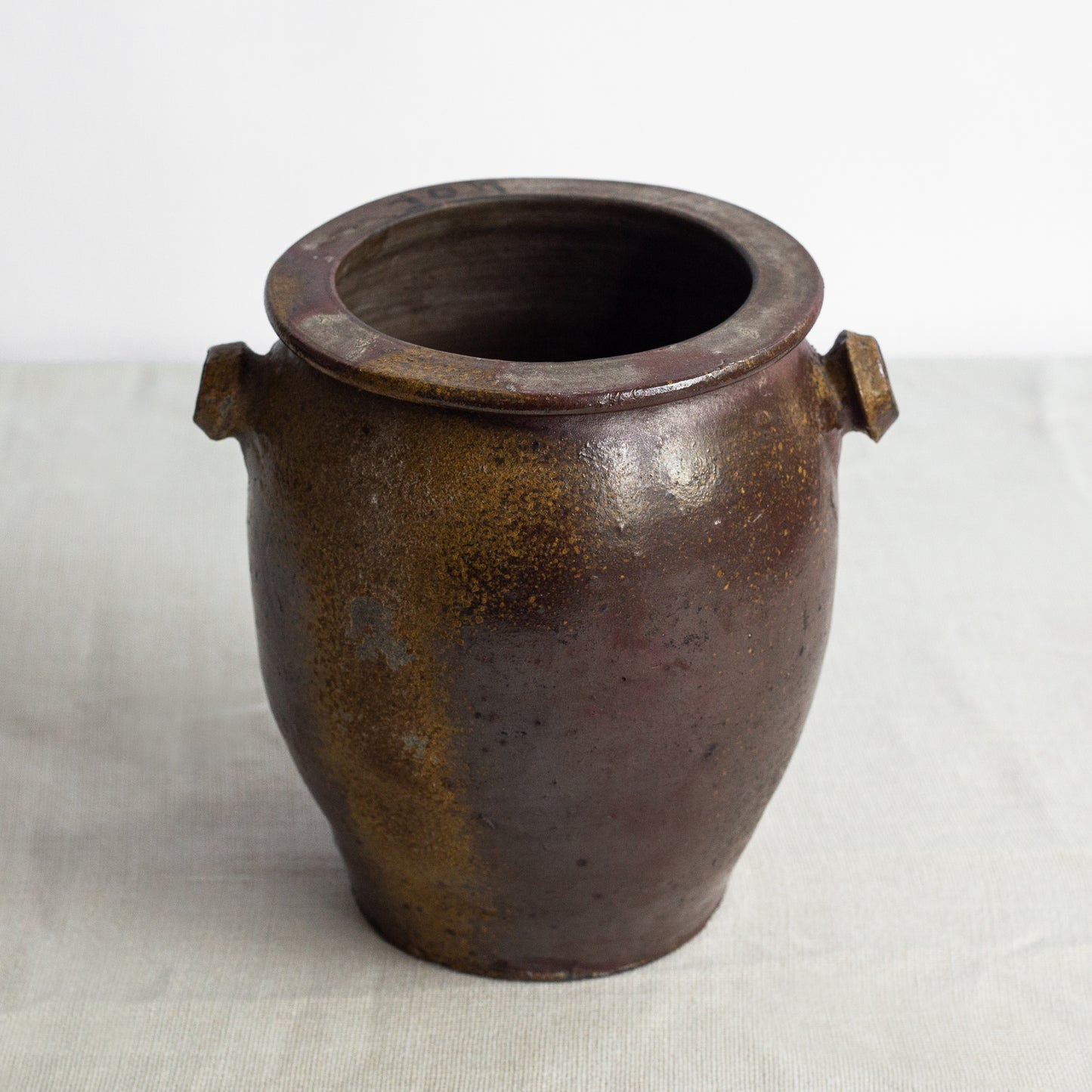 Handled stoneware crock, France. Late 19th Century.