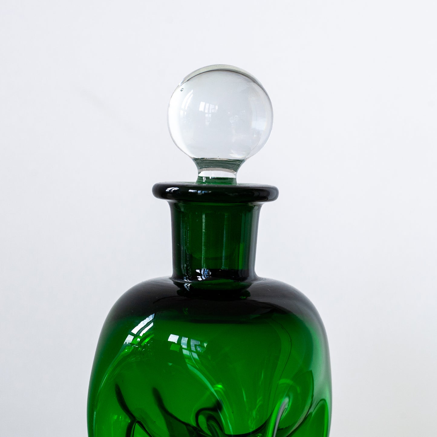 Green ‘Kluk Kluk’ decanter, Jacob Bang, Holmegaard, Denmark. 1950’s.