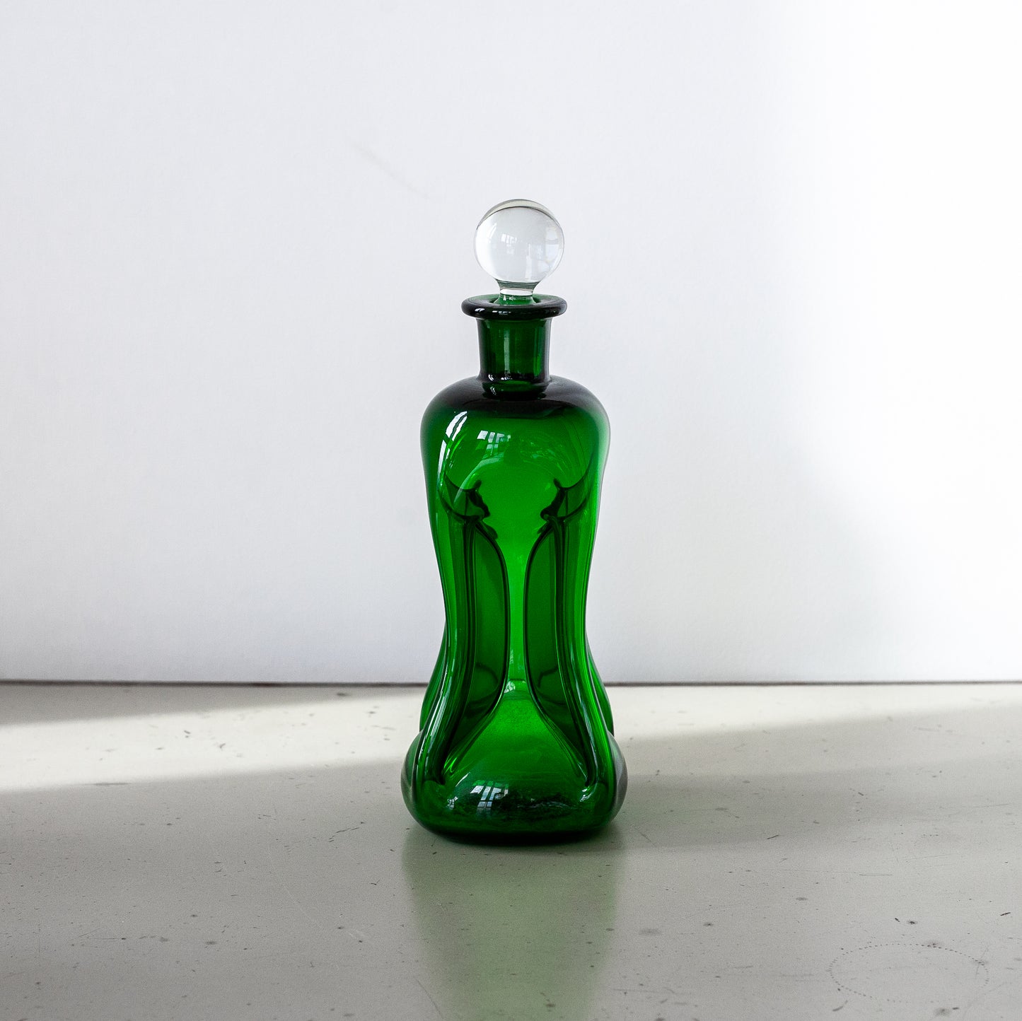 Green ‘Kluk Kluk’ decanter, Jacob Bang, Holmegaard, Denmark. 1950’s.