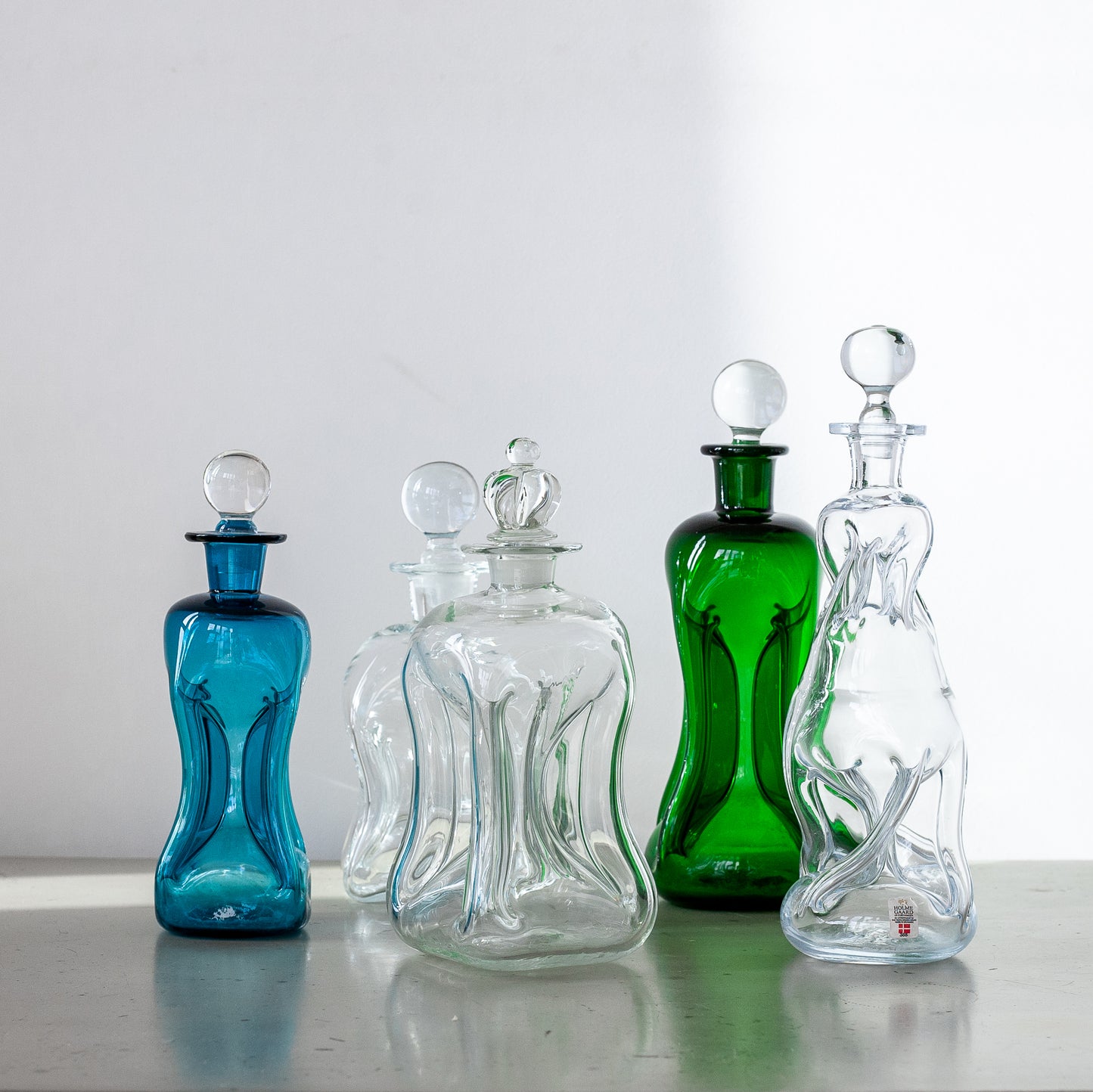 Green ‘Kluk Kluk’ decanter, Jacob Bang, Holmegaard, Denmark. 1950’s.