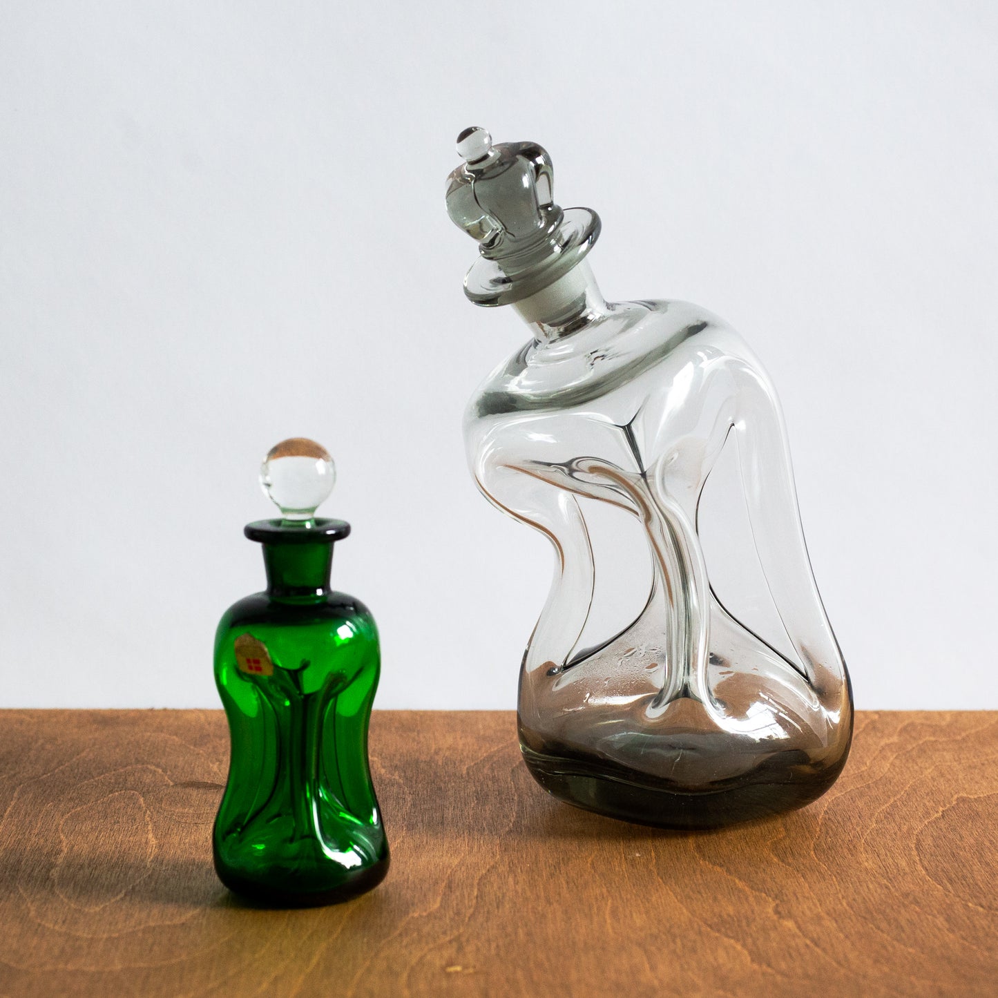 Rare Miniature Green ‘Kluk Kluk’ decanter, Jacob Bang, Holmegaard, Denmark. 1950s.