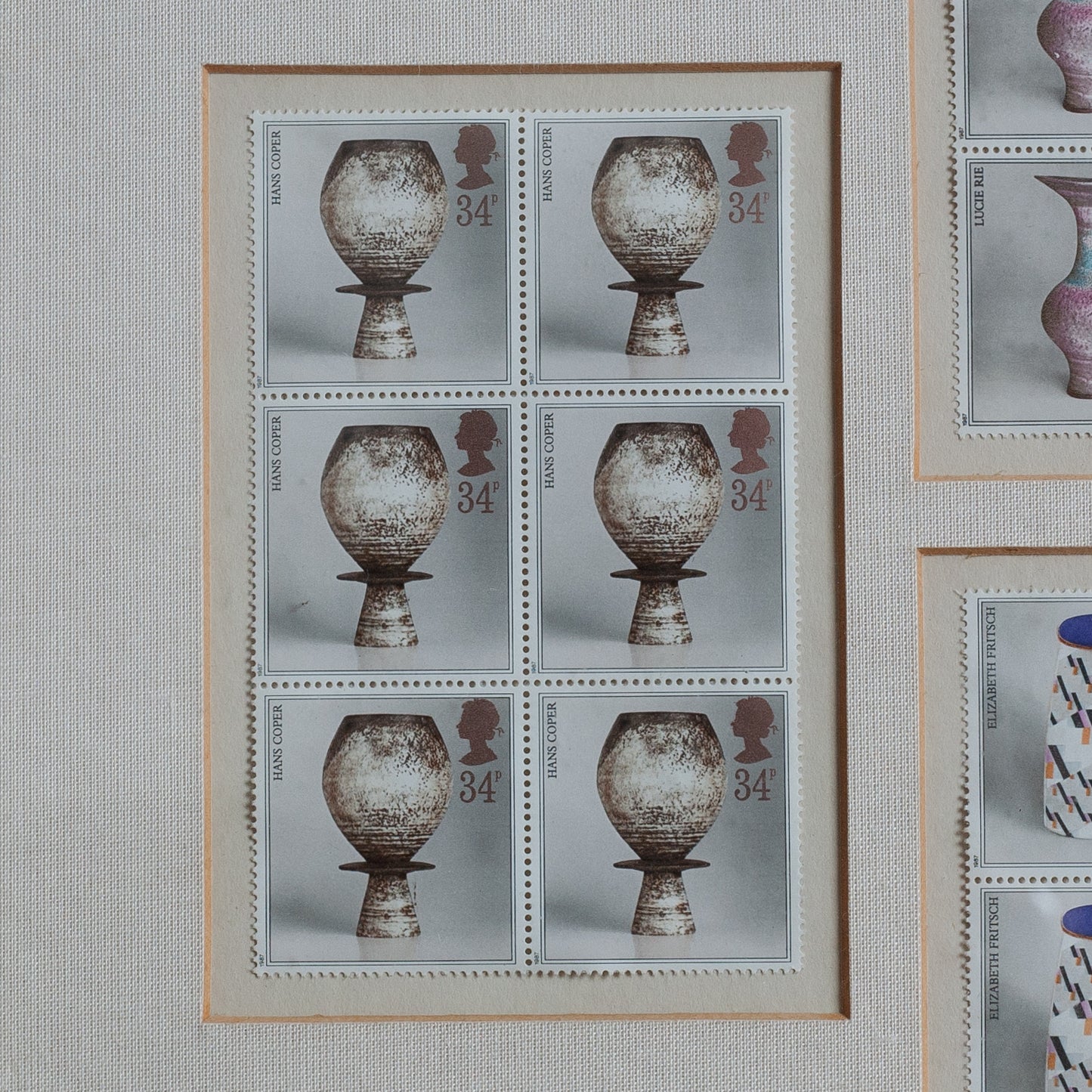 Framed Collection of Royal Mail Pottery Stamps designed by Tony Evans, England. 1987.