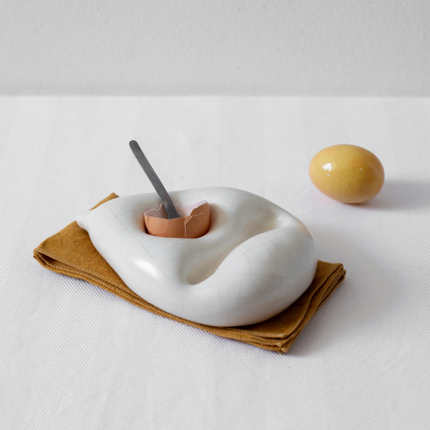 Unique Sculptural Ceramic Egg Holder with Spoon, Portugal. Late C20th.