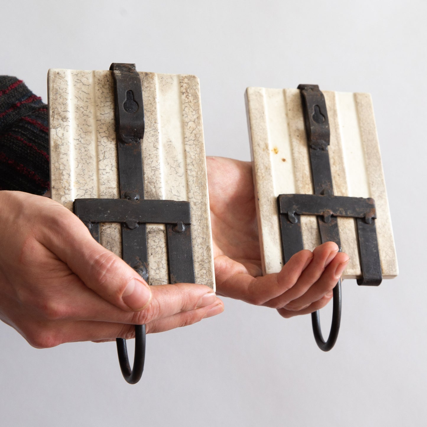 Pair of Hand Painted Tile Sconces, Portugal. Mid-20th century.