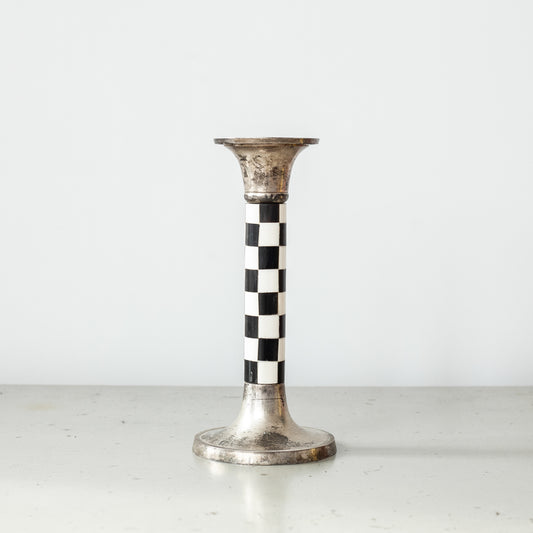 Pewter and faux ivory chequered candlestick. Mid-20th Century.