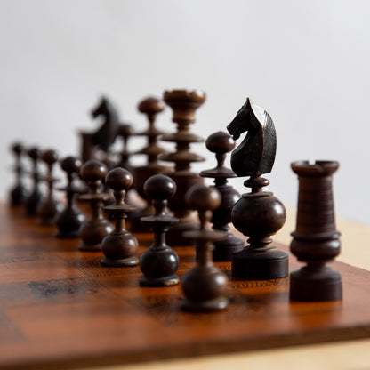 Early 1900s Regency Chess Set and Unique Chess Board by Taylor Stevens, England. C20th.