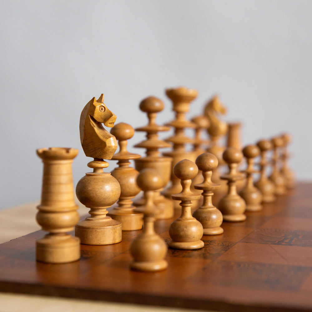 Early 1900s Regency Chess Set and Unique Chess Board by Taylor Stevens, England. C20th.