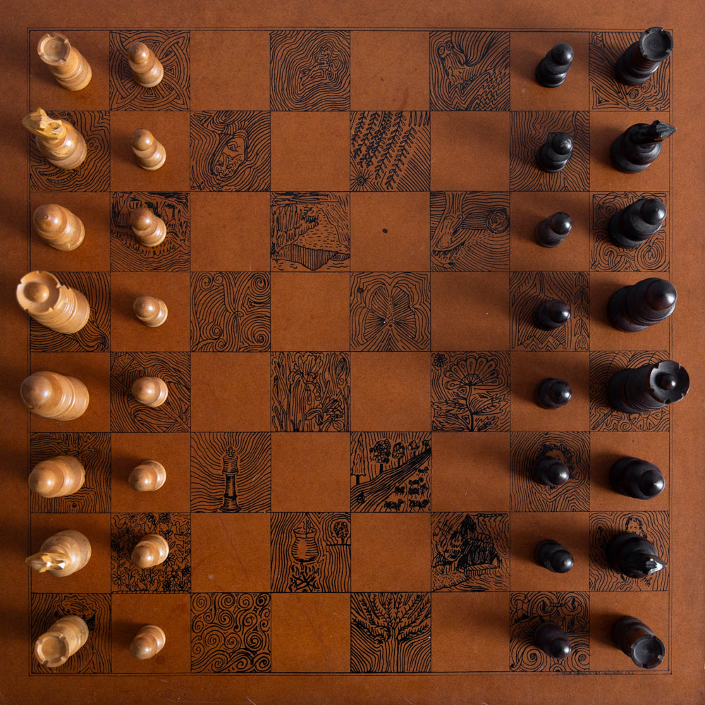 Early 1900s Regency Chess Set and Unique Chess Board by Taylor Stevens, England. C20th.