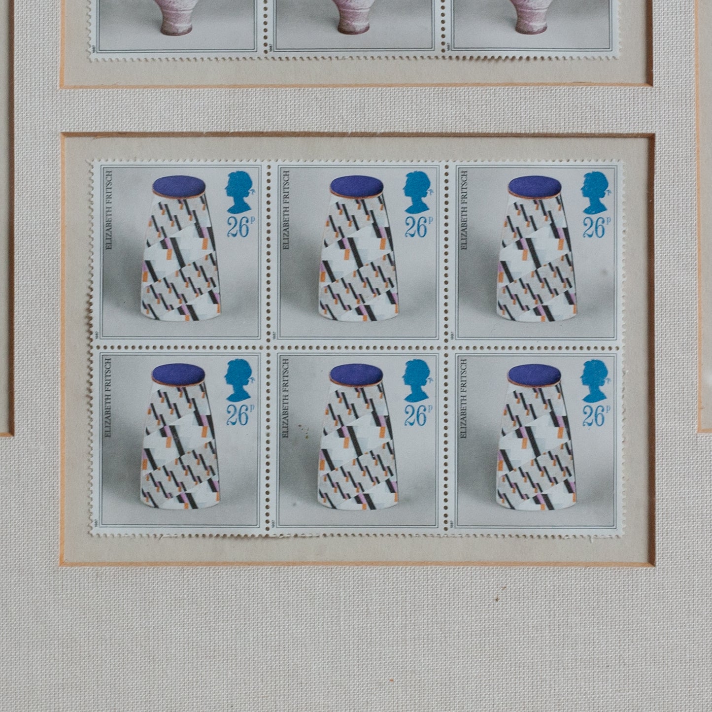 Framed Collection of Royal Mail Pottery Stamps designed by Tony Evans, England. 1987.