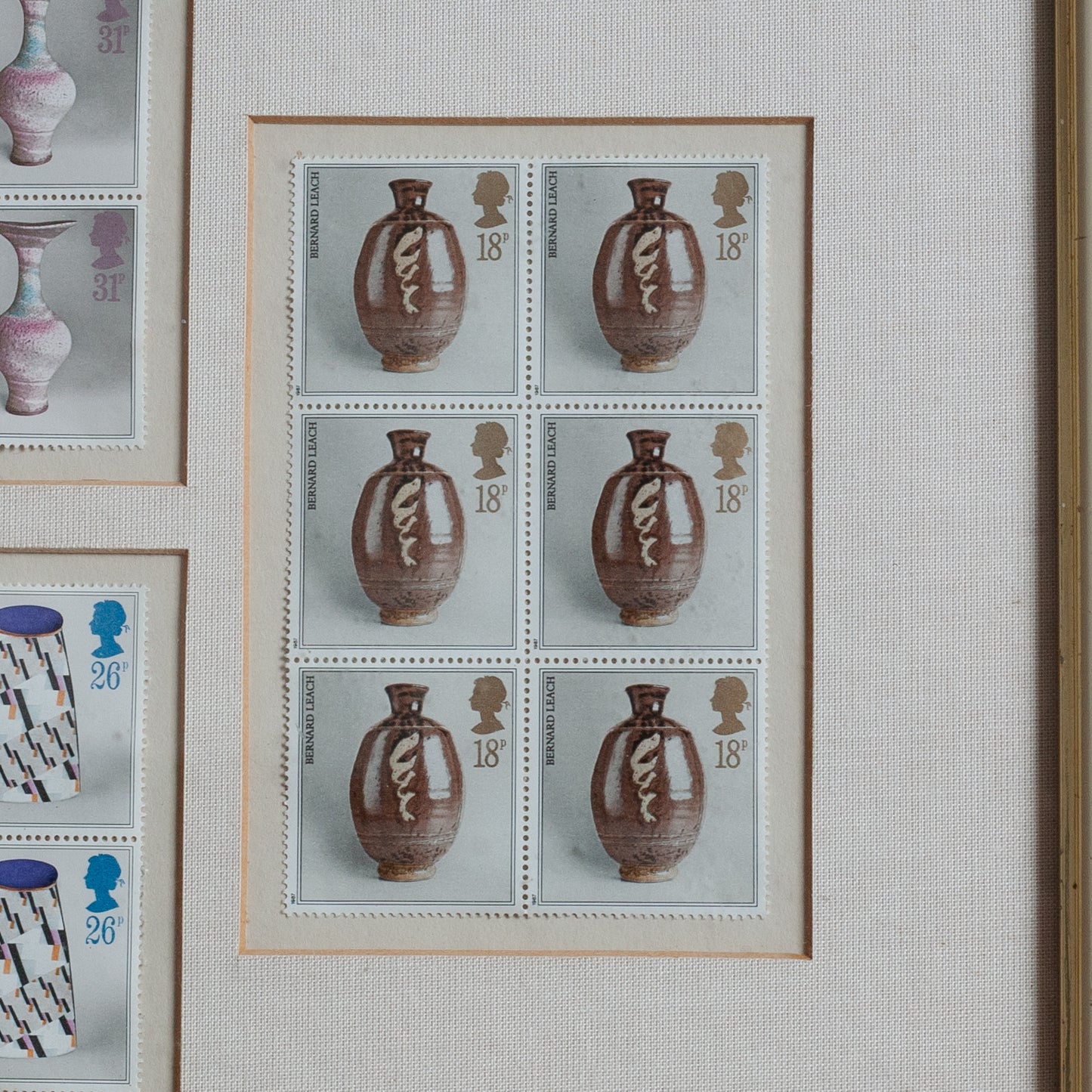 Framed Collection of Royal Mail Pottery Stamps designed by Tony Evans, England. 1987.