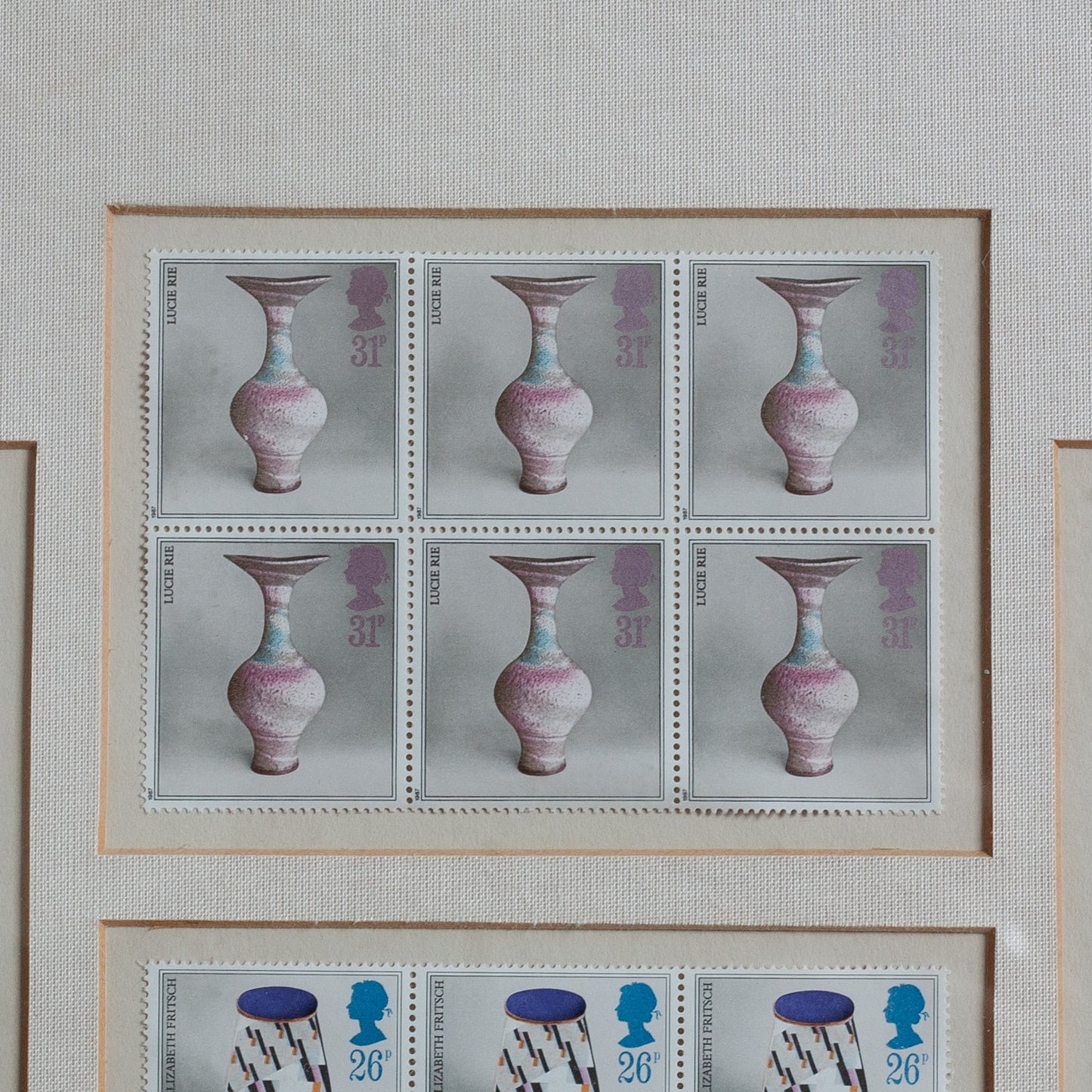 Framed Collection of Royal Mail Pottery Stamps designed by Tony Evans, England. 1987.