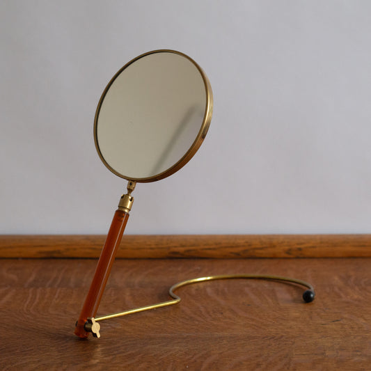 Adjustable Lucite and Brass table/hand mirror, France. 1950’s.