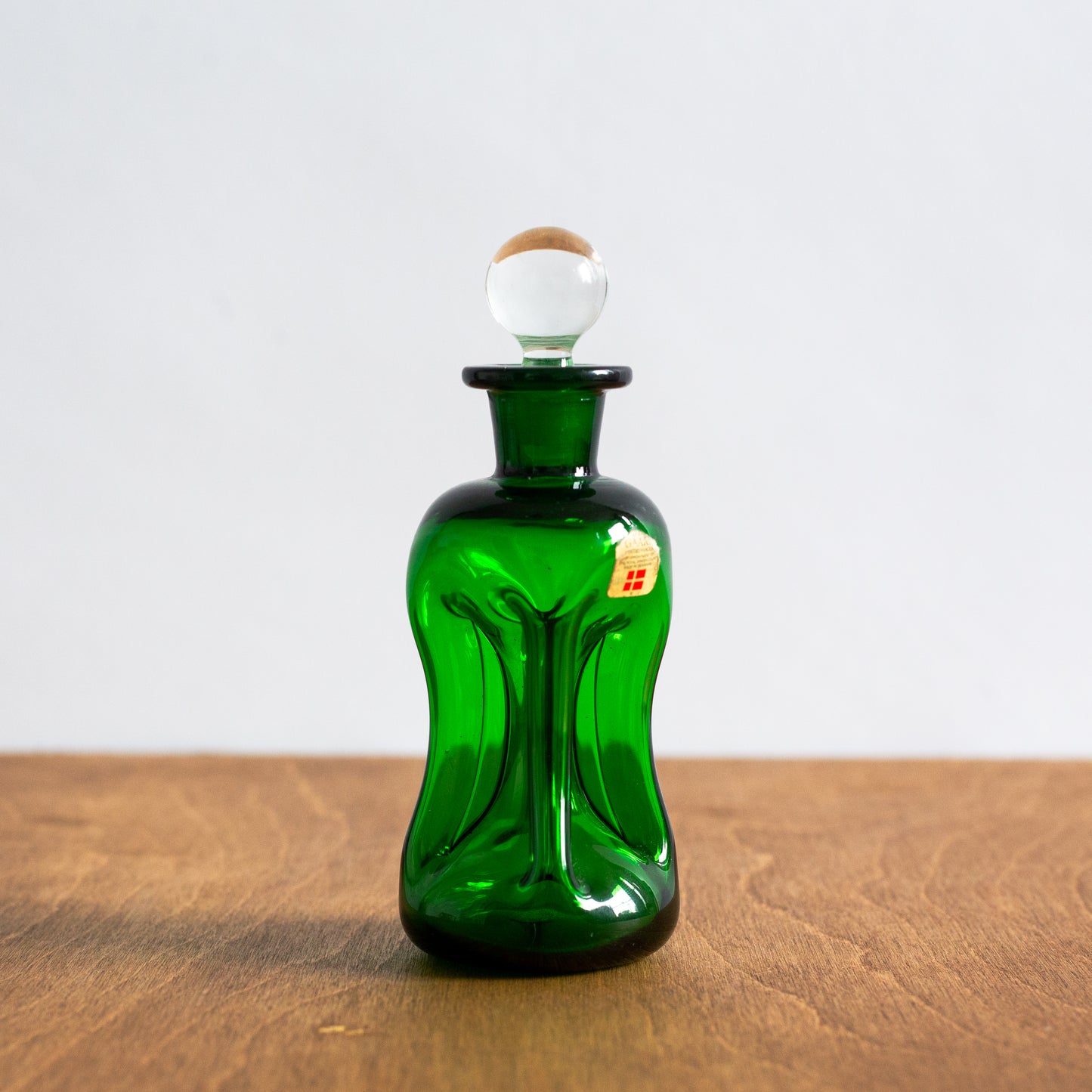 Rare Miniature Green ‘Kluk Kluk’ decanter, Jacob Bang, Holmegaard, Denmark. 1950s.