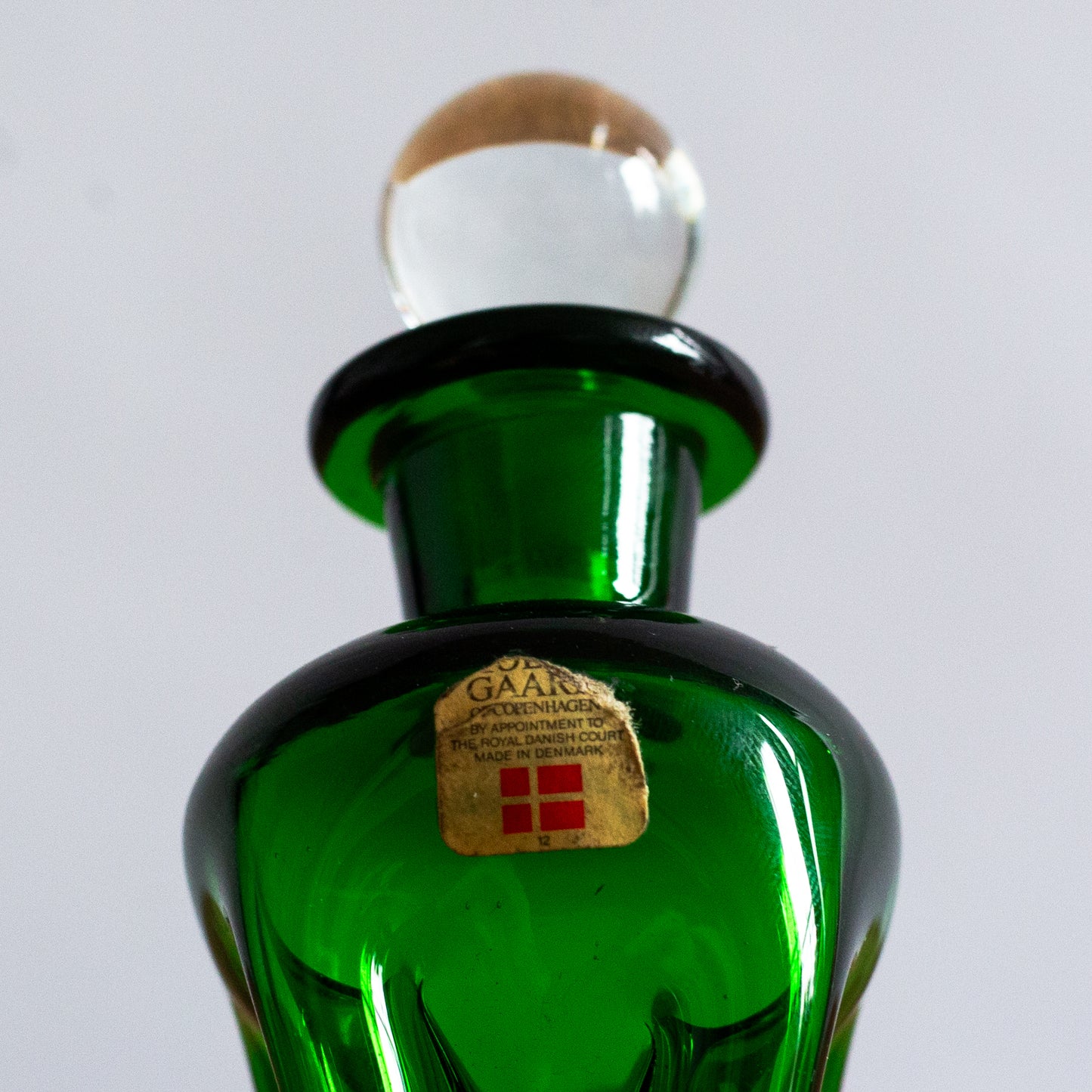 Rare Miniature Green ‘Kluk Kluk’ decanter, Jacob Bang, Holmegaard, Denmark. 1950s.