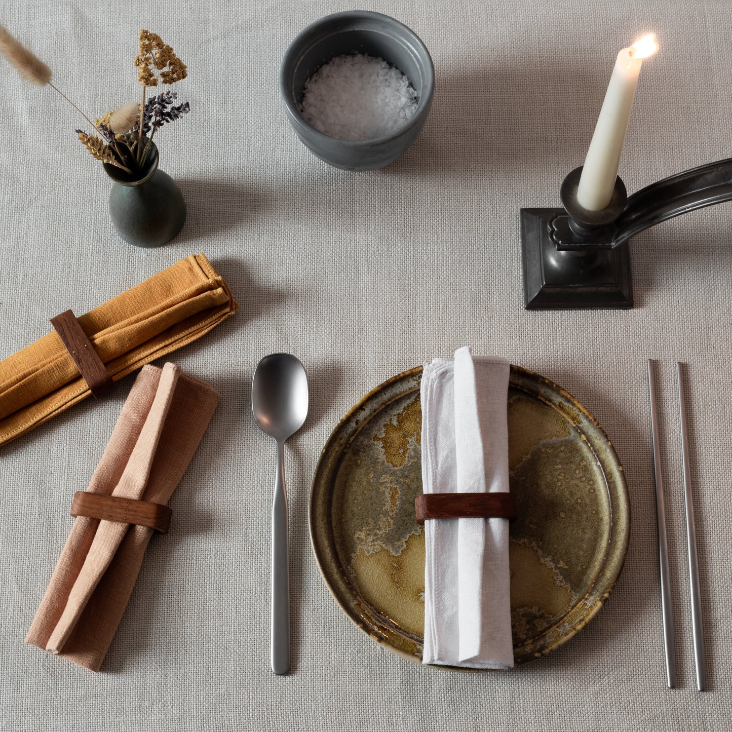 Set of six teak and brass napkin rings, Laurids Lønborg, Denmark. 1950s.