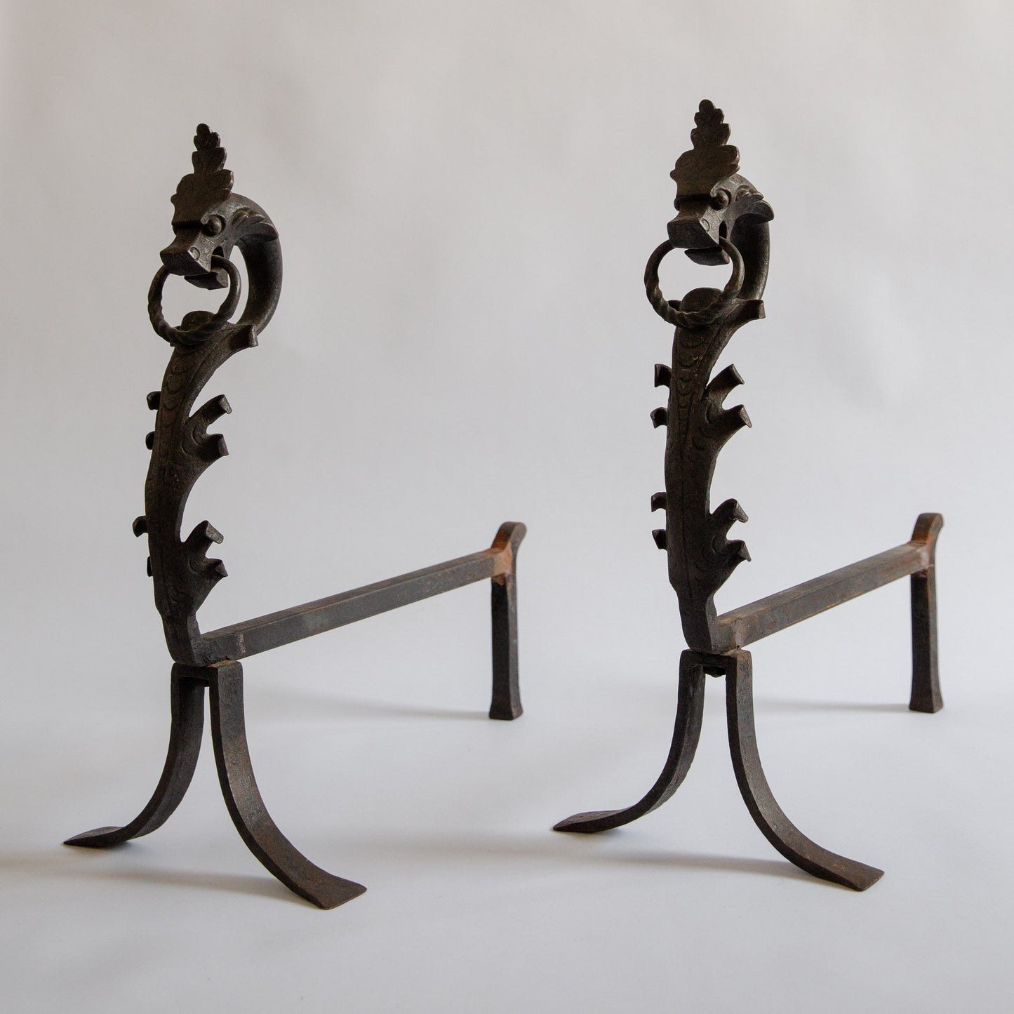 Pair of Unique Wrought Iron Dragon Fire Dogs. Mid-20th century.