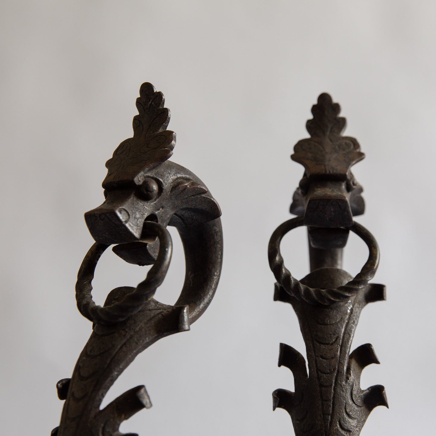 Pair of Unique Wrought Iron Dragon Fire Dogs. Mid-20th century.
