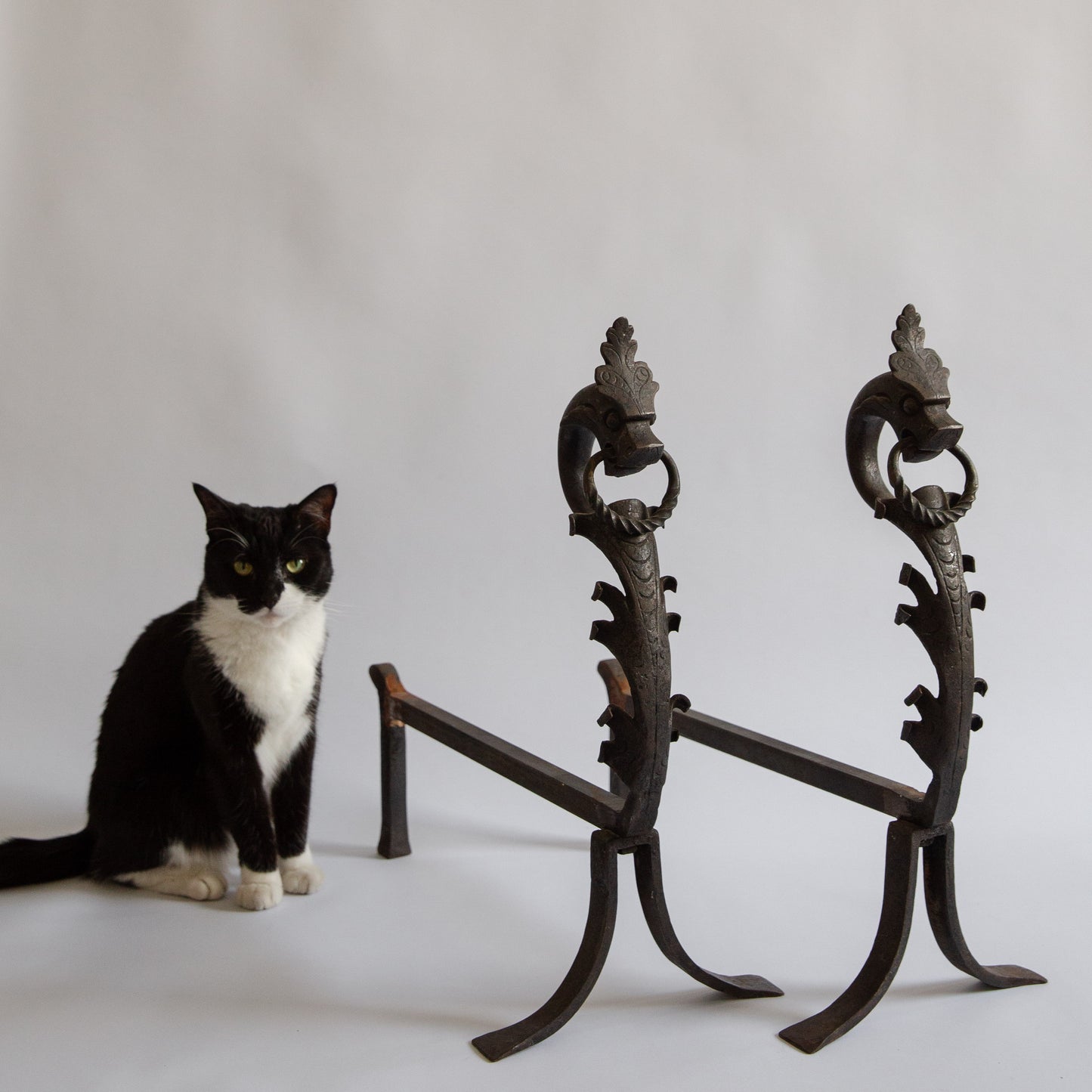 Pair of Unique Wrought Iron Dragon Fire Dogs. Mid-20th century.