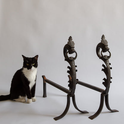 Pair of Unique Wrought Iron Dragon Fire Dogs. Mid-20th century.