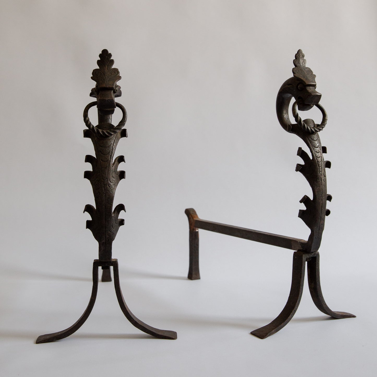 Pair of Unique Wrought Iron Dragon Fire Dogs. Mid-20th century.