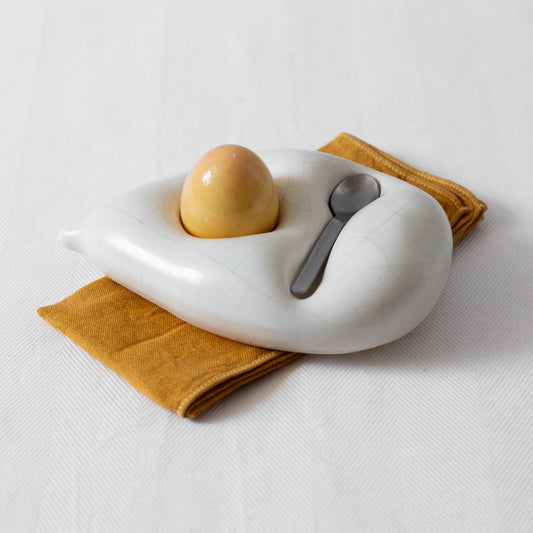 Unique Sculptural Ceramic Egg Holder with Spoon, Portugal. Late C20th.