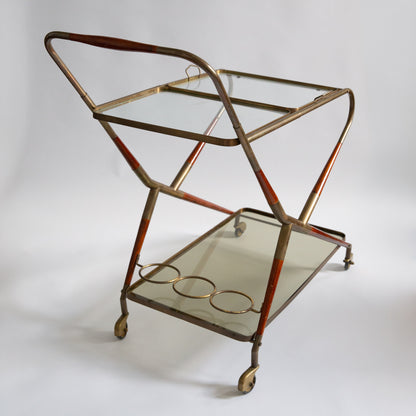 Brass and Mahogany Bar Cart, Cesare Lacca, Italy. 1960s.