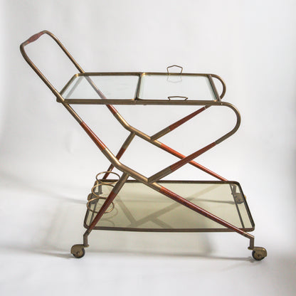 Brass and Mahogany Bar Cart, Cesare Lacca, Italy. 1960s.