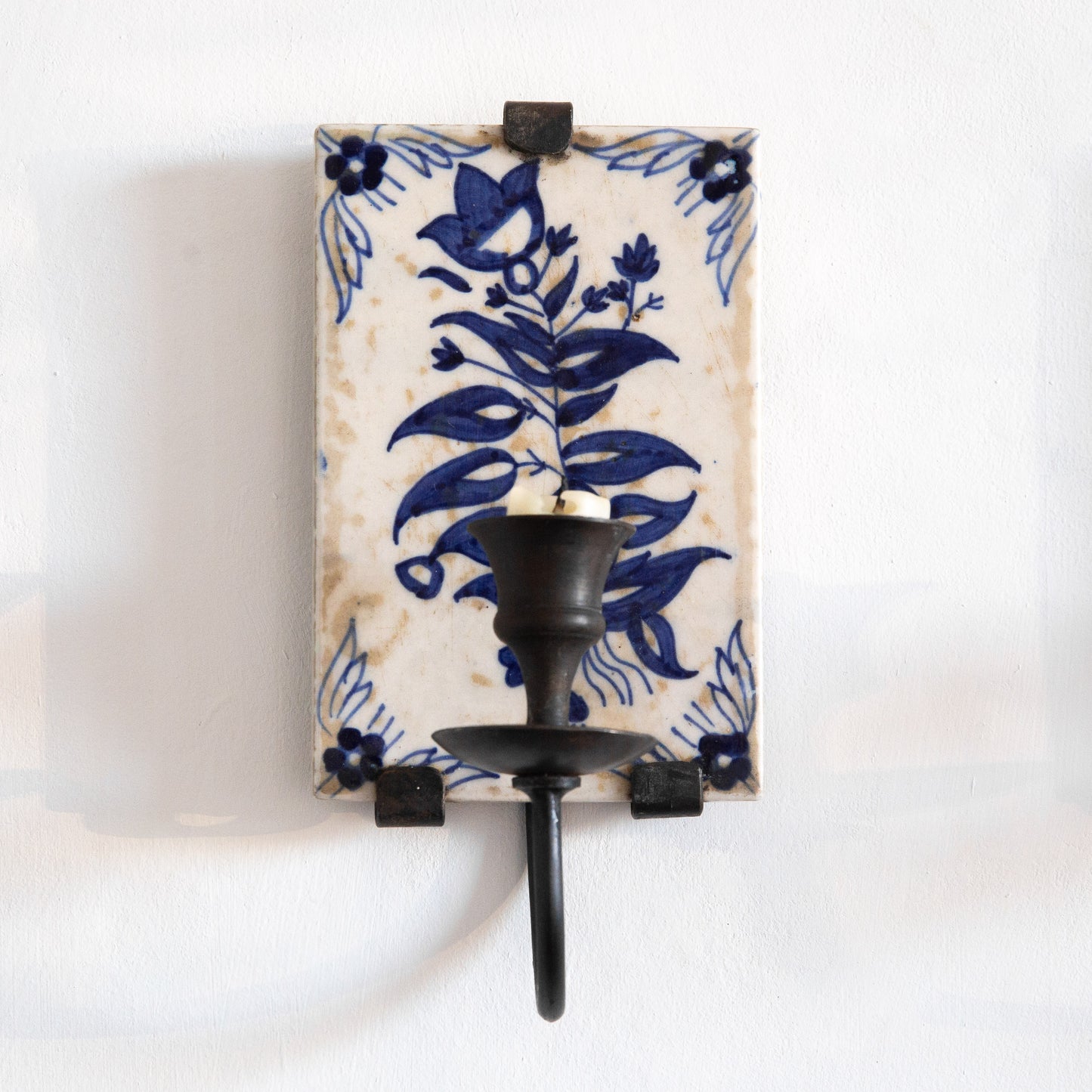 Pair of Hand Painted Tile Sconces, Portugal. Mid-20th century.