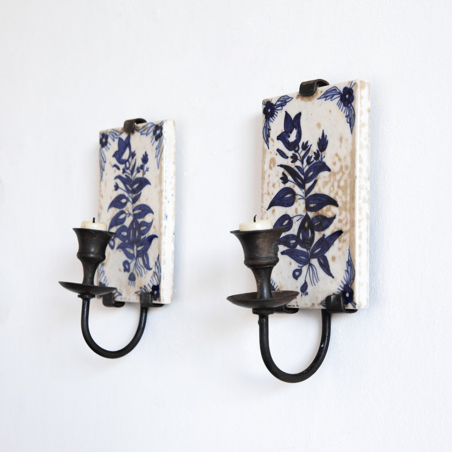 Pair of Hand Painted Tile Sconces, Portugal. Mid-20th century.