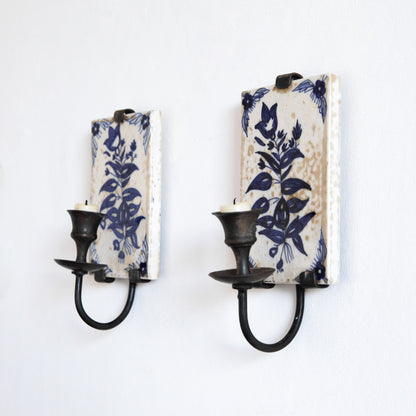 Pair of Hand Painted Tile Sconces, Portugal. Mid-20th century.