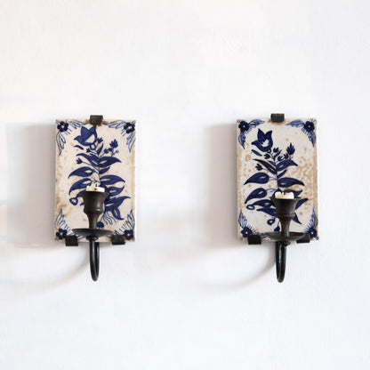 Pair of Hand Painted Tile Sconces, Portugal. Mid-20th century.