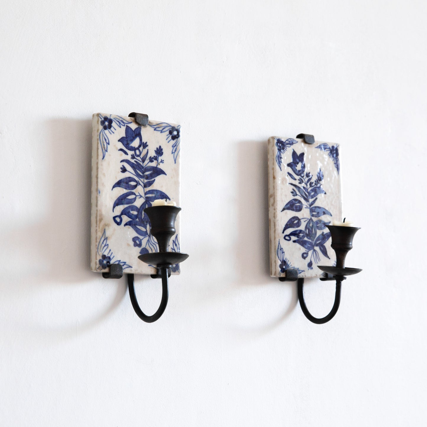 Pair of Hand Painted Tile Sconces, Portugal. Mid-20th century.