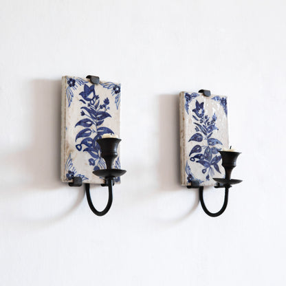Pair of Hand Painted Tile Sconces, Portugal. Mid-20th century.