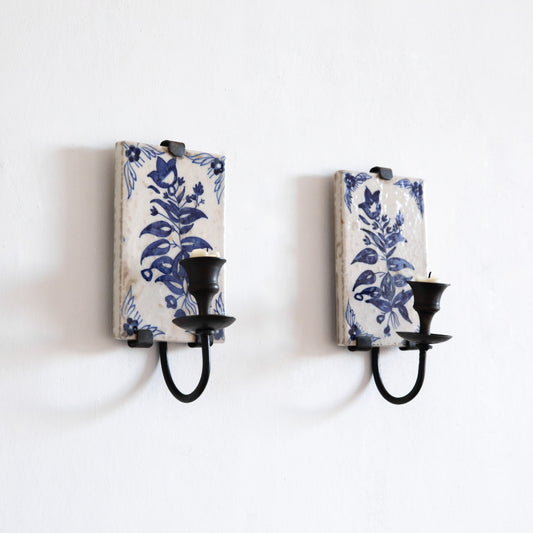 Pair of Hand Painted Tile Sconces, Portugal. Mid-20th century.