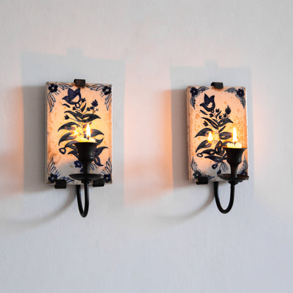 Pair of Hand Painted Tile Sconces, Portugal. Mid-20th century.