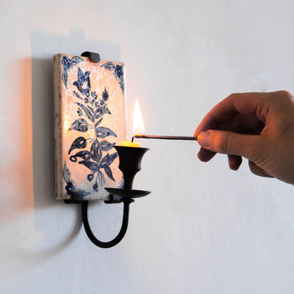 Pair of Hand Painted Tile Sconces, Portugal. Mid-20th century.